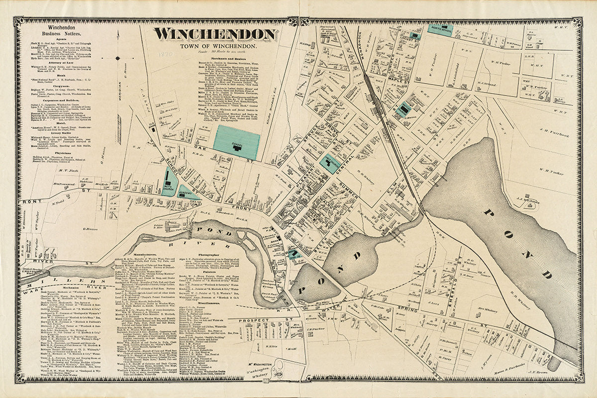 1870 Town Map of Winchendon Worcester County Massachusetts