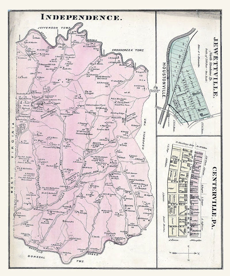 1876 Map of Independence Township Washington County PA Centerville Jewettville