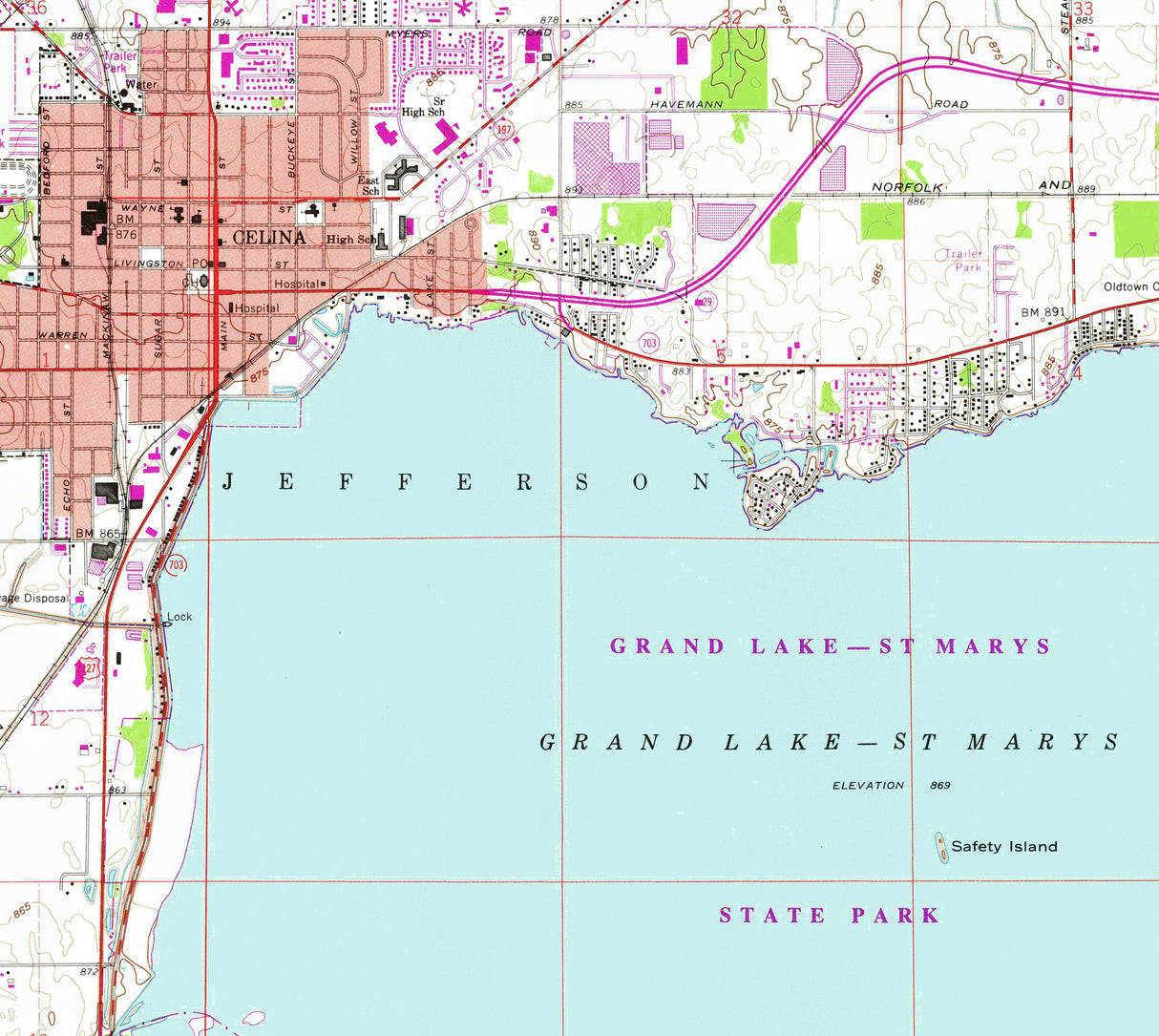 1960 Map of Grand Lake Ohio Celina St Marys