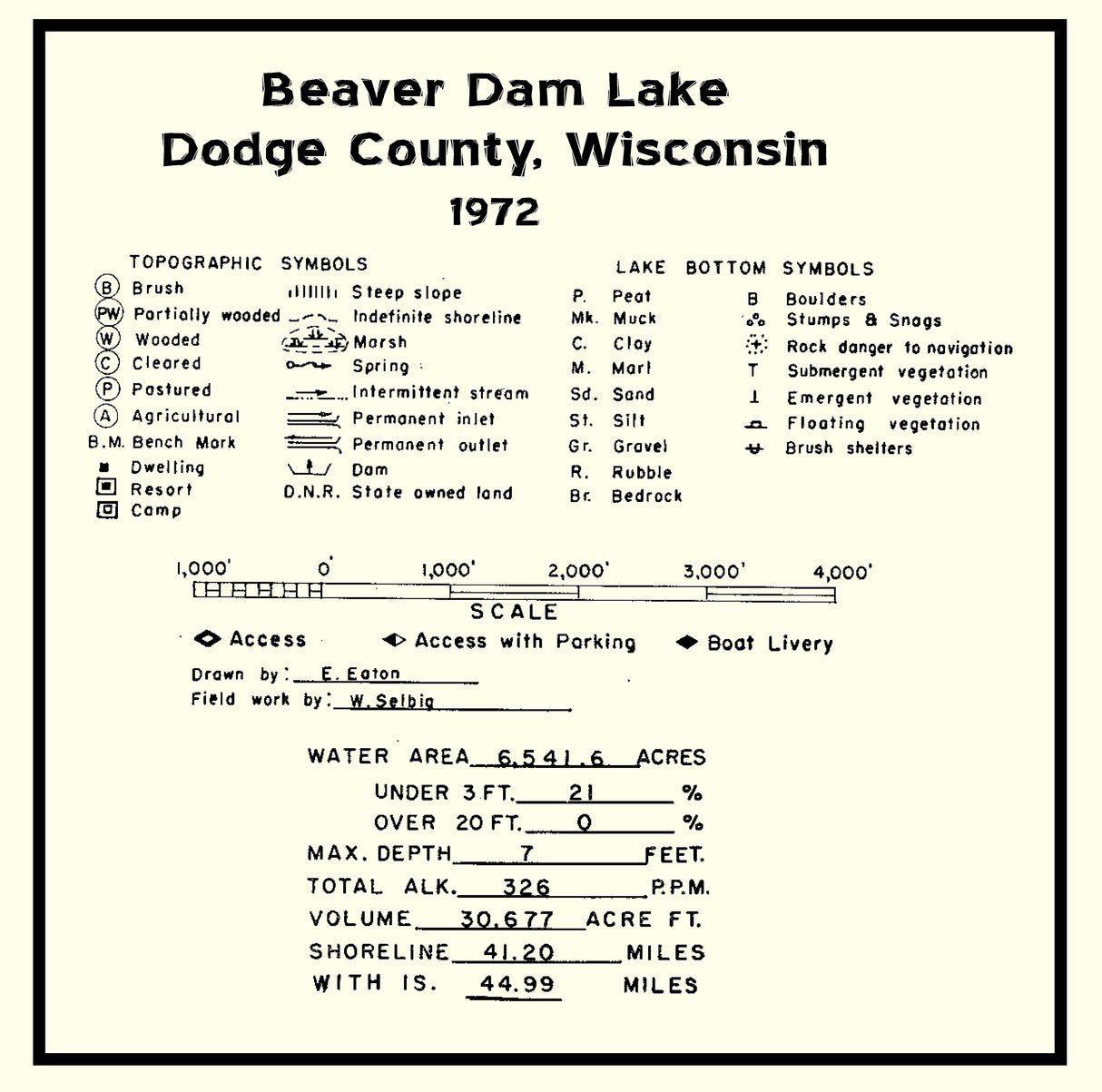 1972 Map of Beaver Dam Lake Dodge County Wisconsin