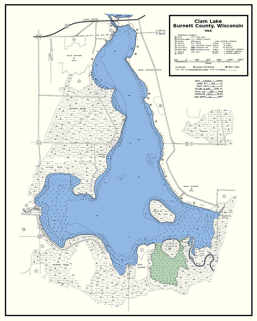 1964 Map of Clam Lake Burnett County Wisconsin