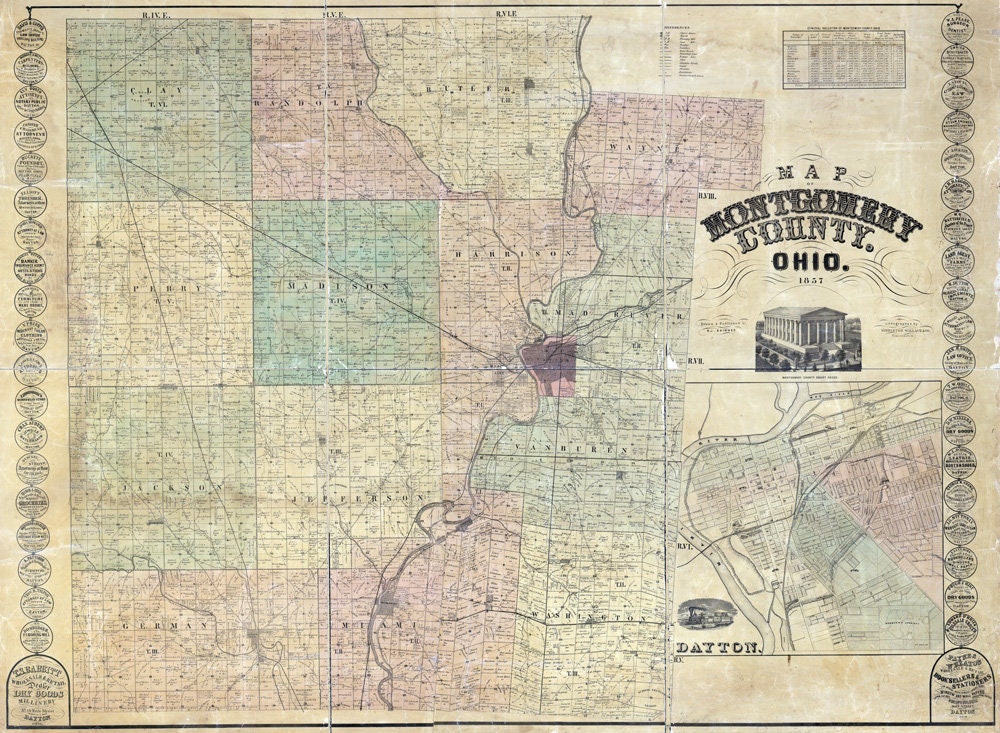 1857 Farm Line Map of Montgomery County Ohio Dayton