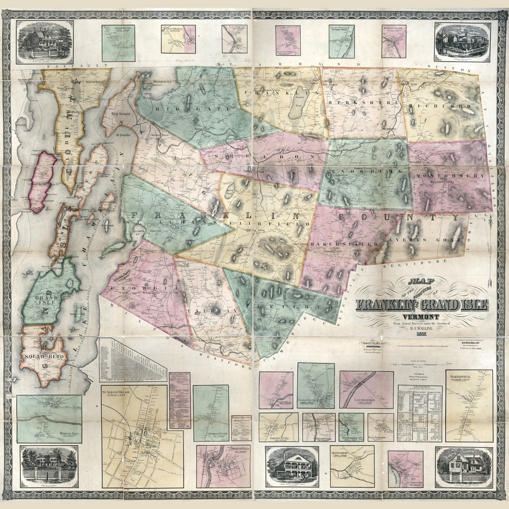 1857 Map of Franklin and Grand Isle County Vermont