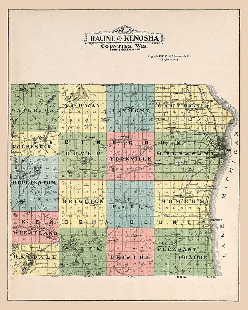 1908 Map of Racine and Kenosha County Wisconsin