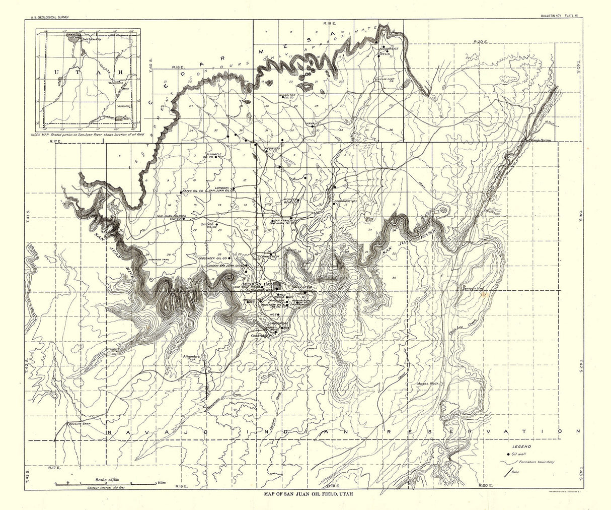 1912 Map of the San Juan Oil Field Utah and Town of Mexican Hat