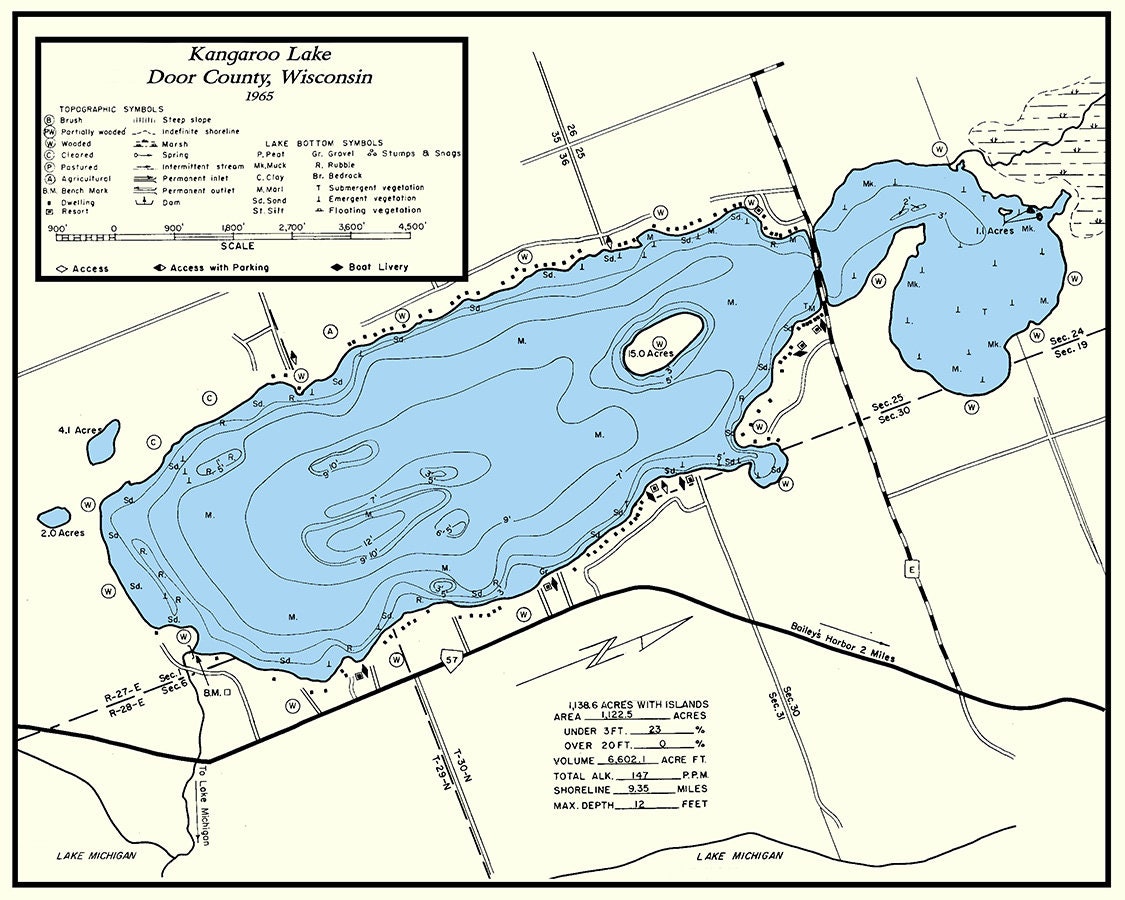 1965 Map of Kangaroo Lake Door County Wisconsin