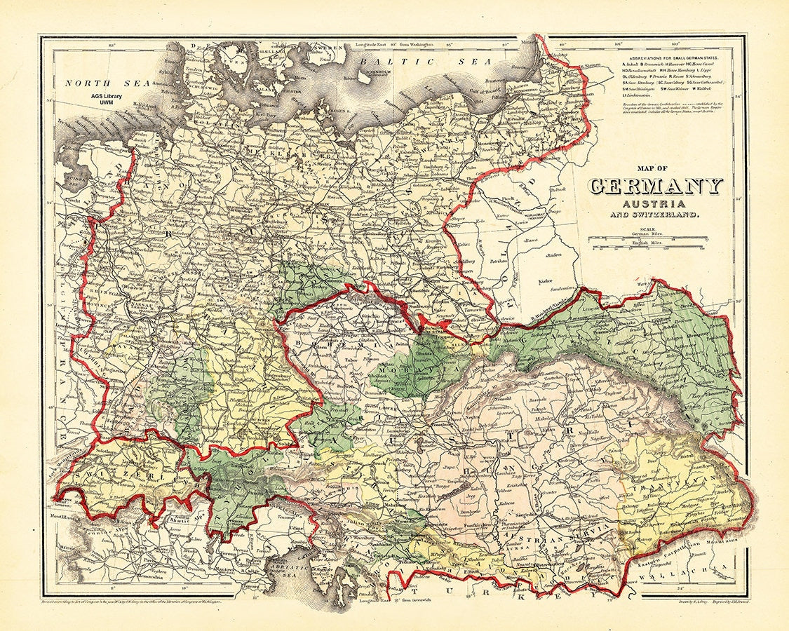 1876 Map of Germany Austria and Switzerland