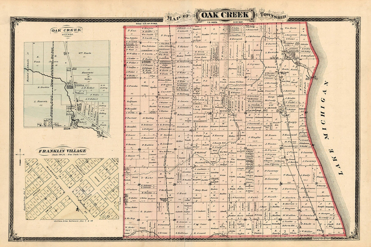 1876 Map of Oak Creek Township Milwaukee County Wisconsin