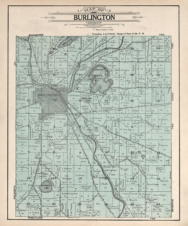 1908 Map of Burlington Township Racine County Wisconsin