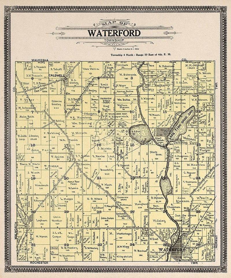 1908 Map of Waterford Township Racine County Wisconsin