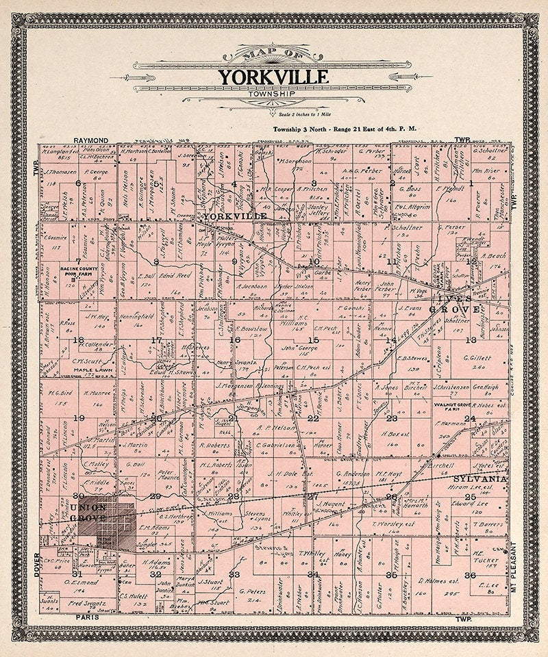 1908 Map of Yorkville Township Racine County Wisconsin