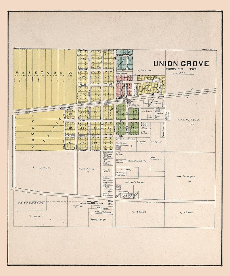 1908 Town Map of Union Grove Racine County Wisconsin