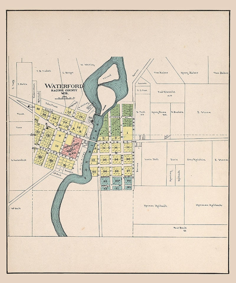 1908 Town Map of Waterford Racine County Wisconsin