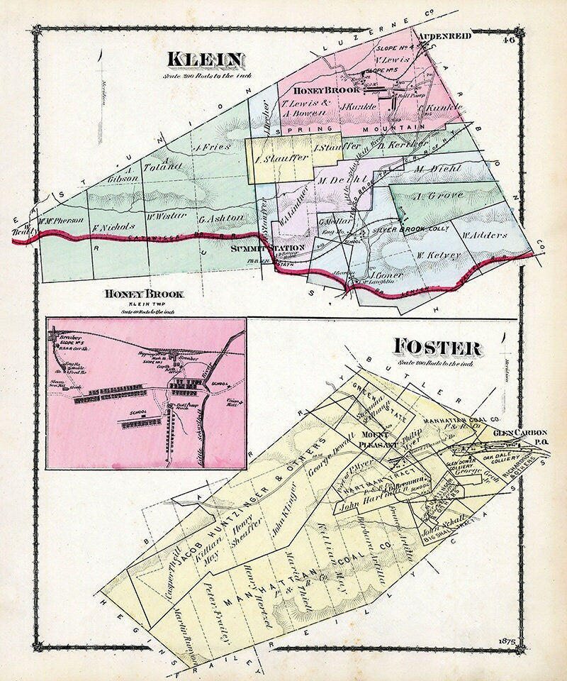 1875 Map of Klein Township and Foster Township Schuylkill County Pennsylvania