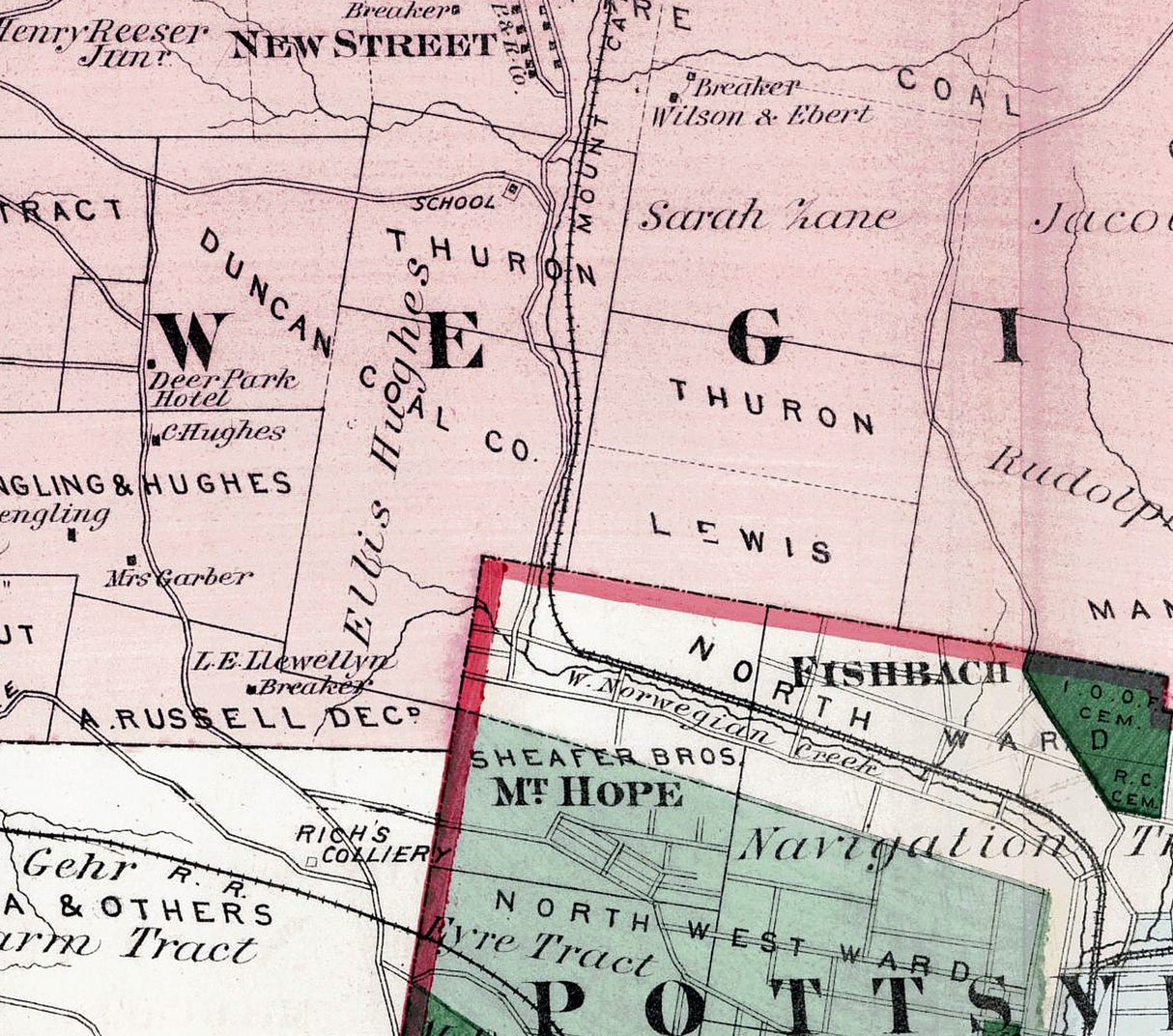 1875 Map of Norwegian & East Norwegian Township Schuylkill County Pennsylvania Pottsville