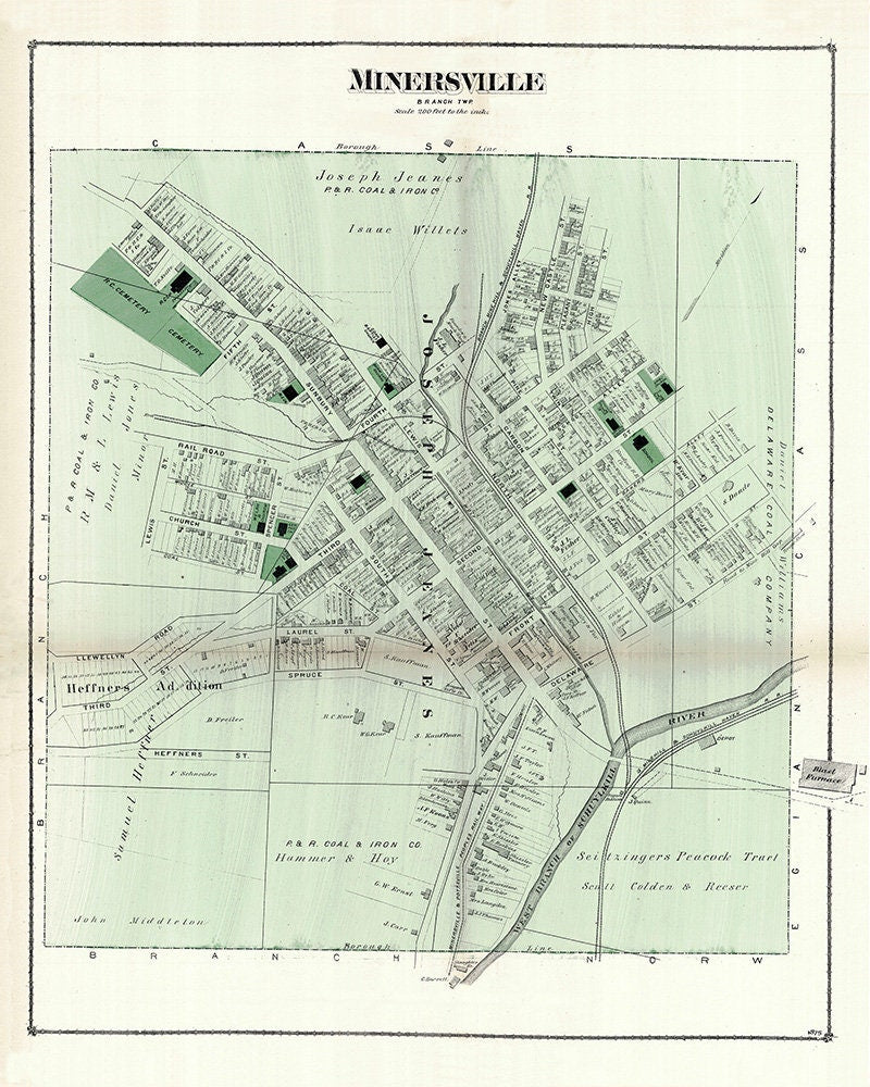1875 Town Map of Minersville Schuylkill County Pennsylvania