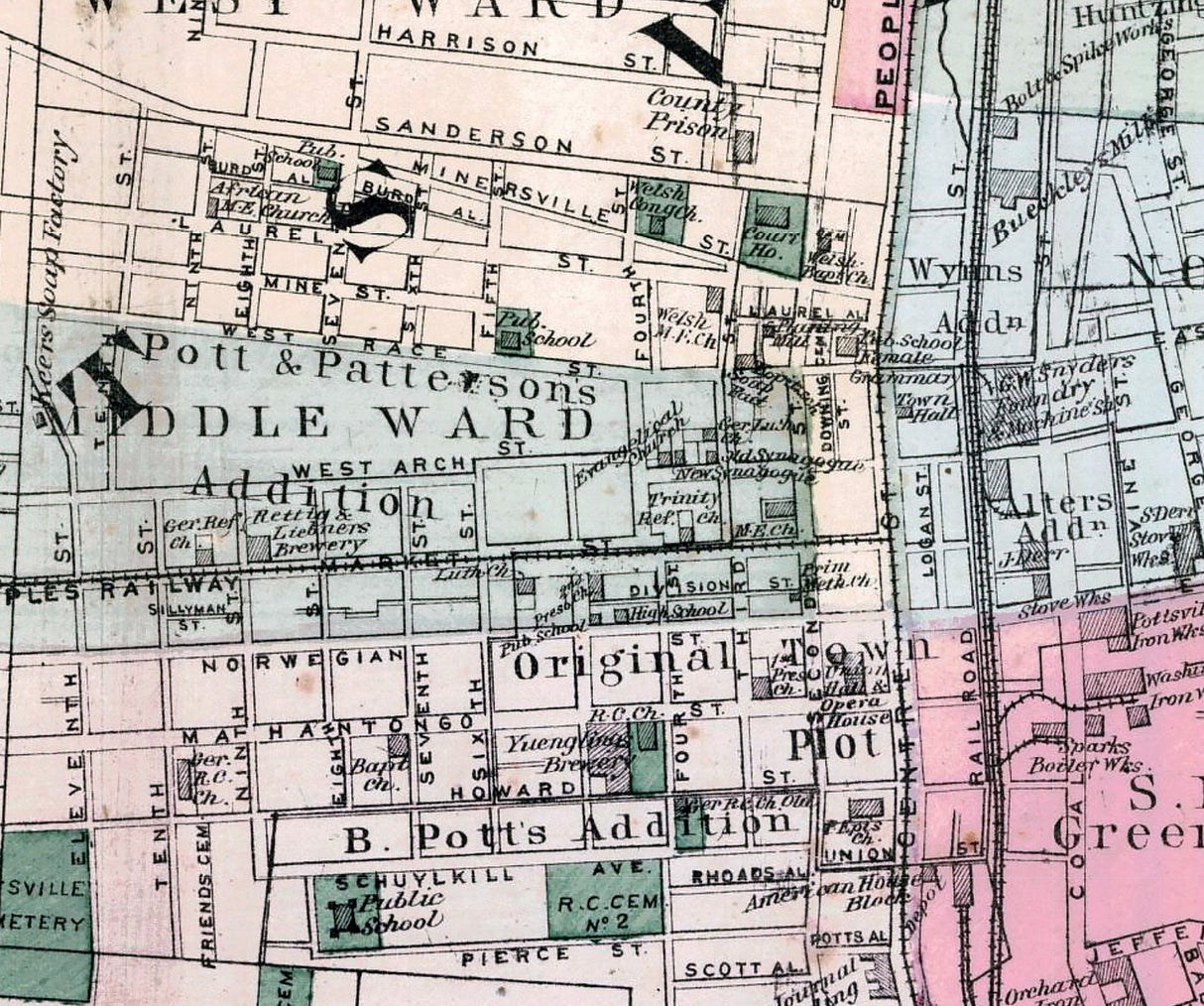 1875 Town Map of Pottsville Schuylkill County Pennsylvania