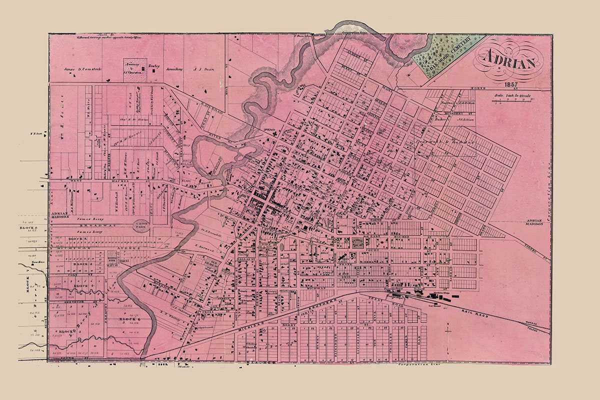 1857 Town Map of Adrian Lenawee County Michigan