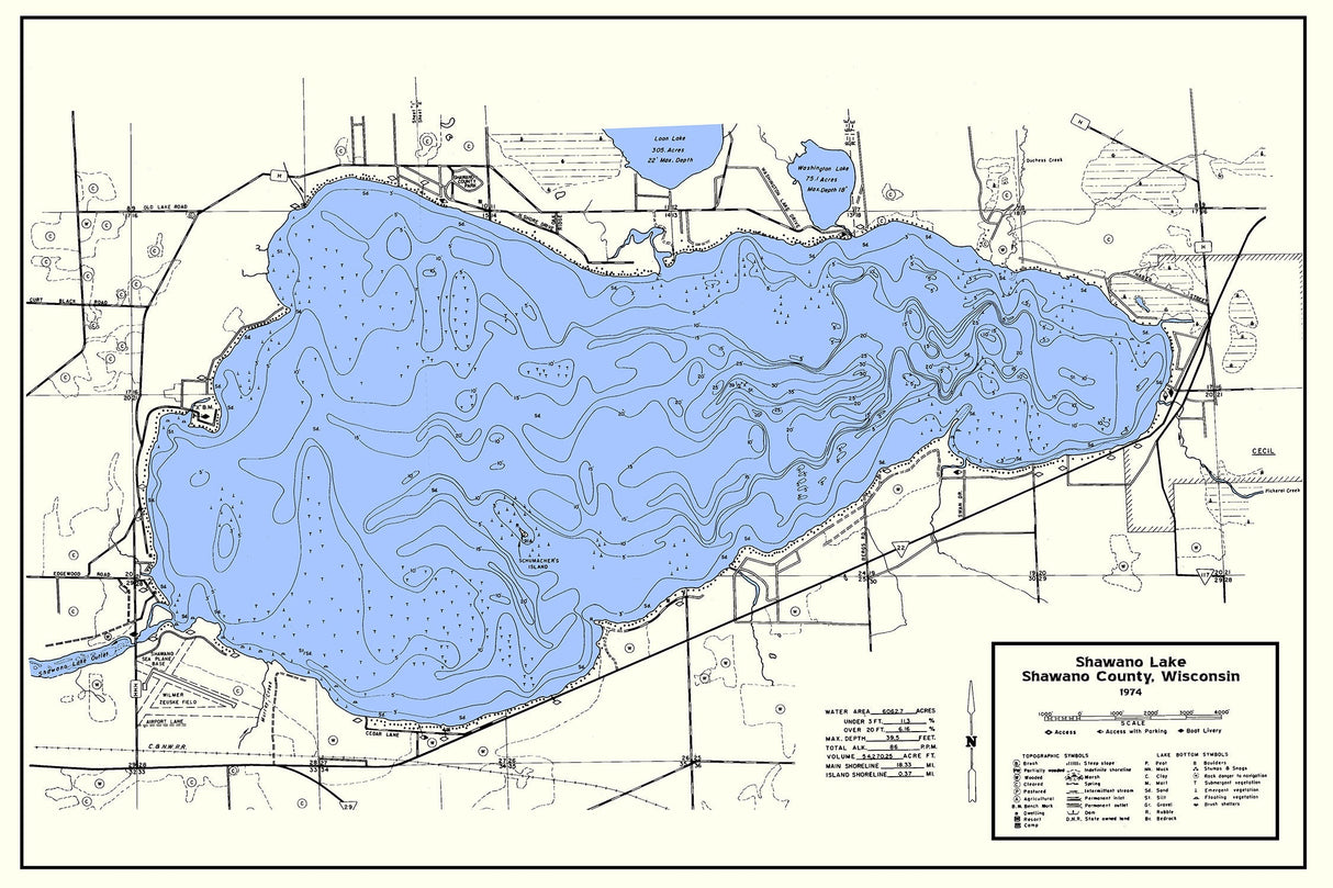 1974 Map of Shawano Lake Shawano County Wisconsin