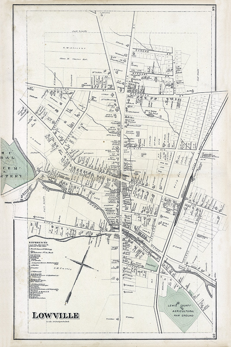 1875 Town Map of Lowville Lewis County New York