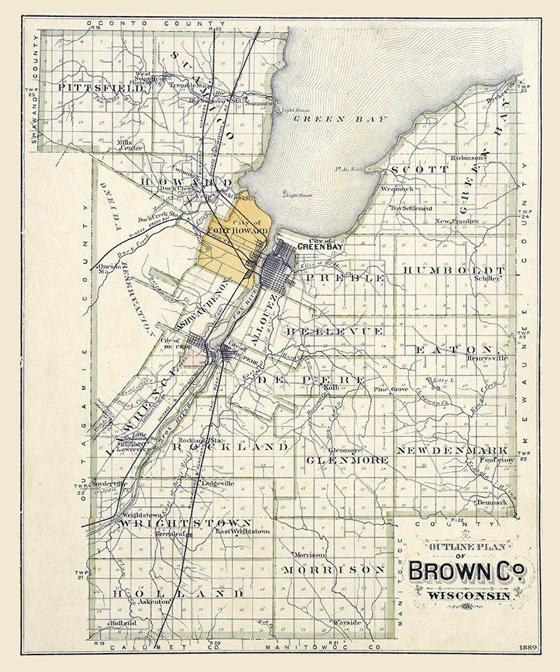 1889 Map of Brown County Wisconsin