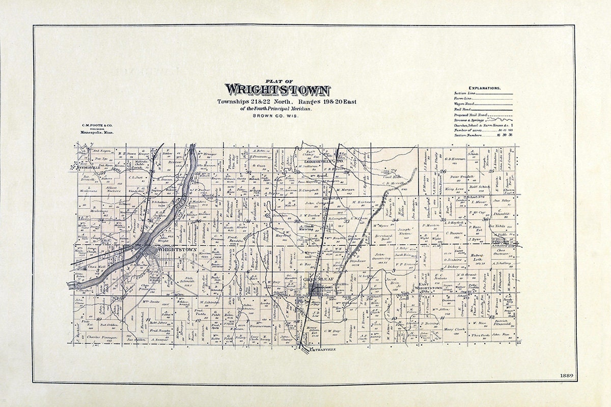 1889 Map of Wrightstown Township Brown County Wisconsin