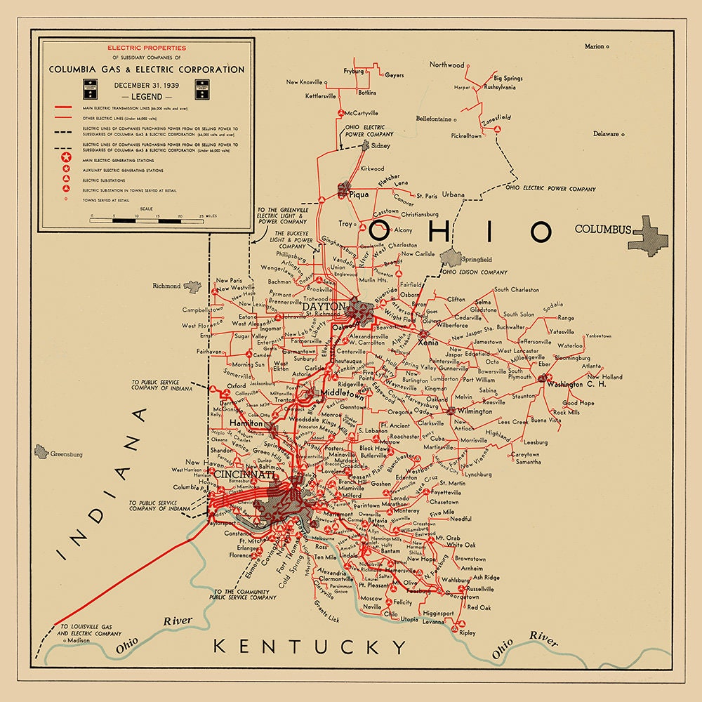1939 Map of Columbia Gas & Electric Corporation Electric Transmission Lines Stations Ohio