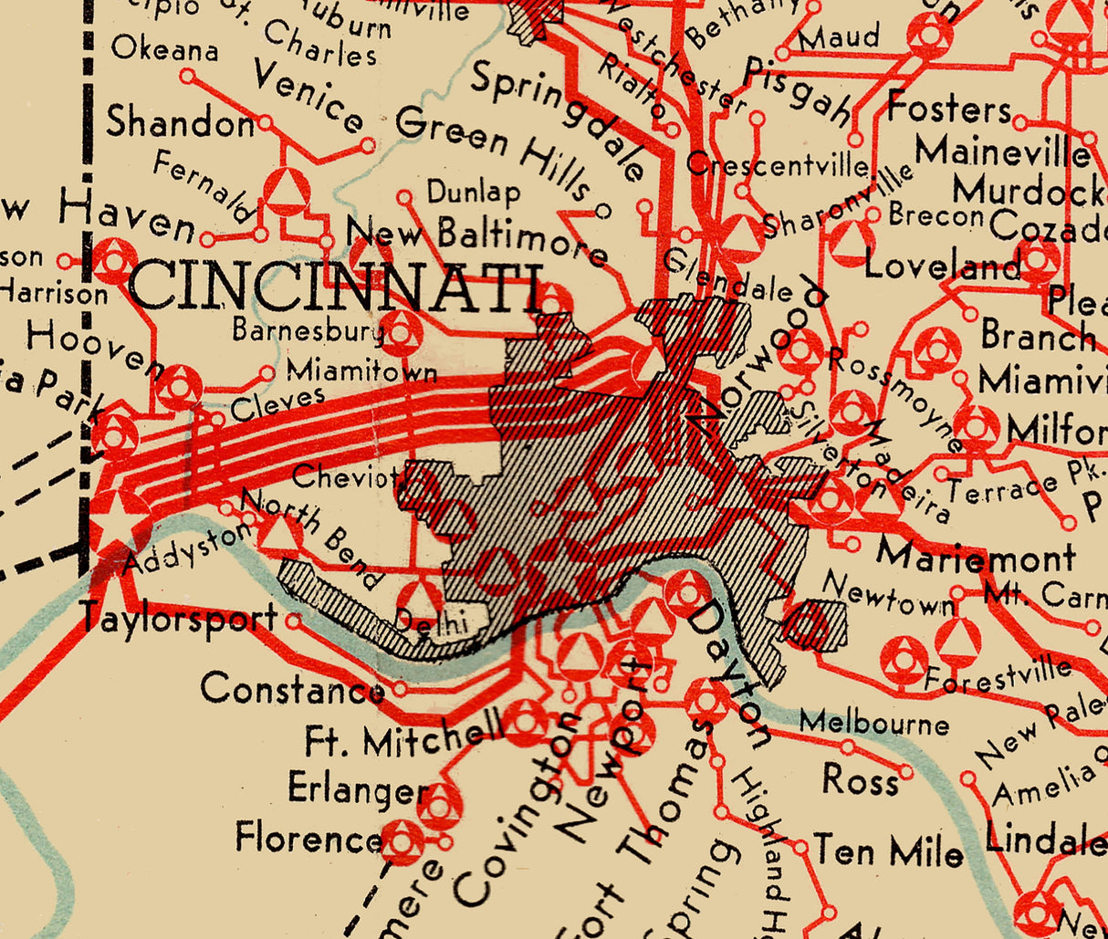 1939 Map of Columbia Gas & Electric Corporation Electric Transmission Lines Stations Ohio