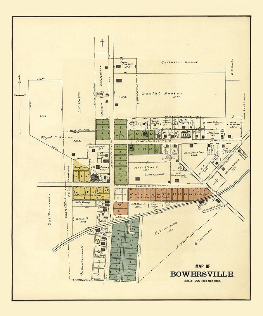 1896 Town Map of Bowersville Greene County Ohio