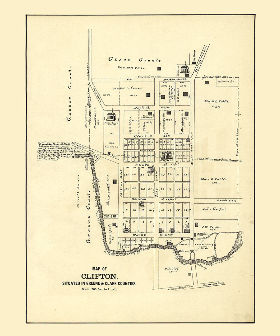 1896 Town Map of Clifton Greene & Clark County Ohio