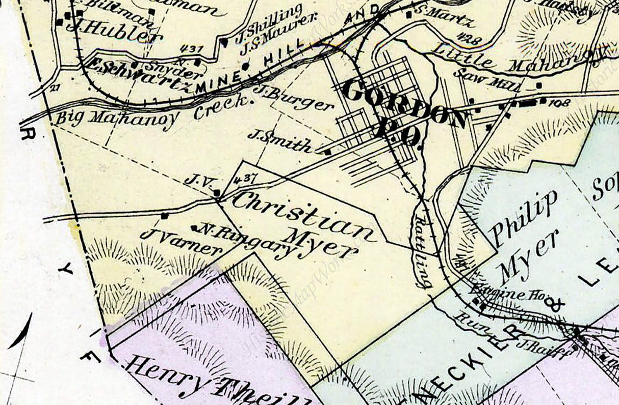 1875 Map of Butler Township Schuylkill County Pennsylvania Fountain Springs Rocktown