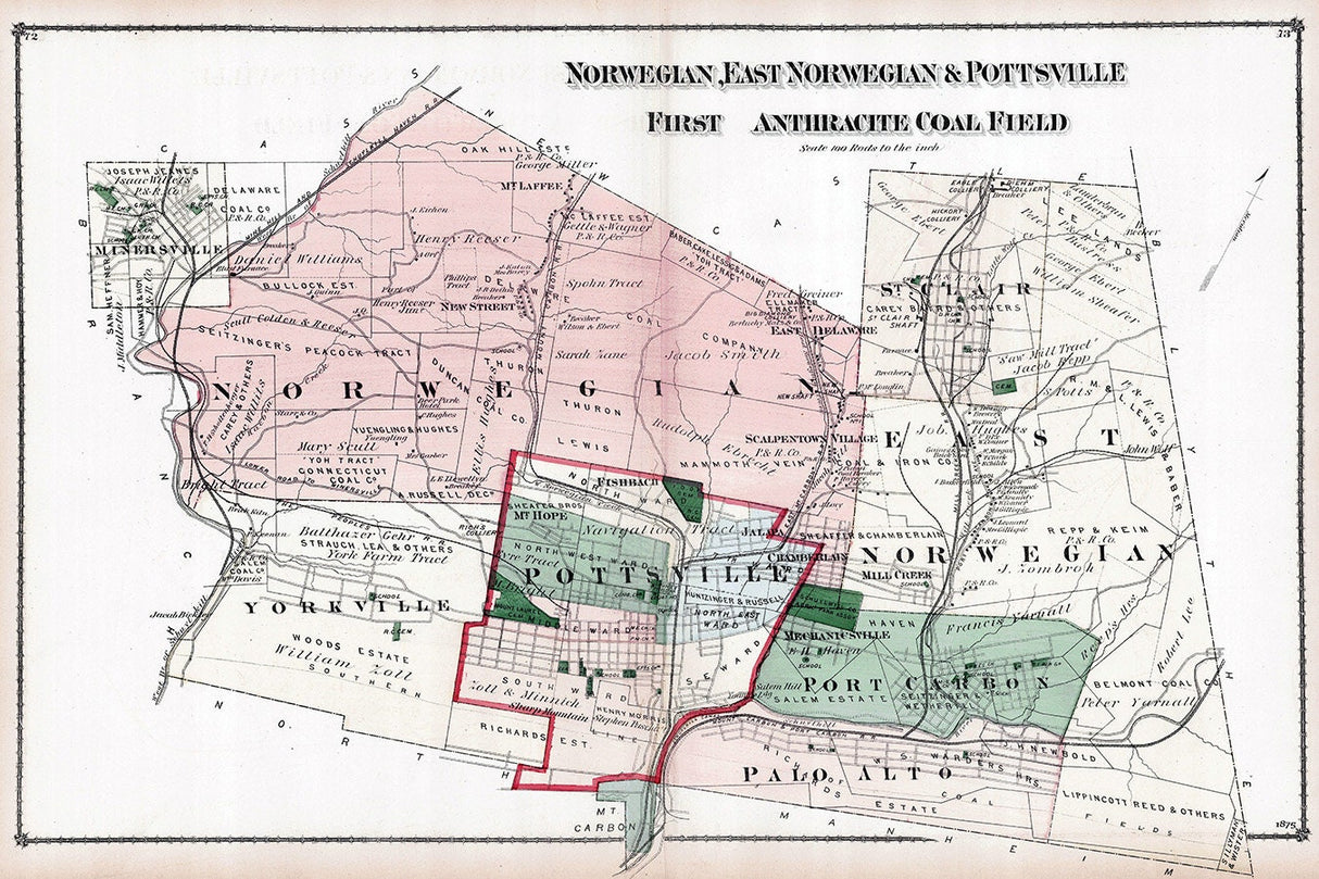 1875 Map of Norwegian & East Norwegian Township Schuylkill County Pennsylvania Pottsville