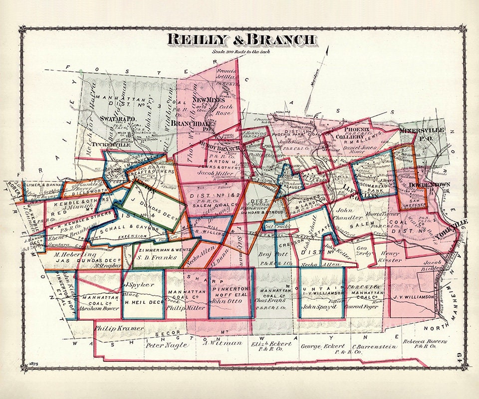 1875 Map of Reilly and Branch Township Schuylkill County Pennsylvania