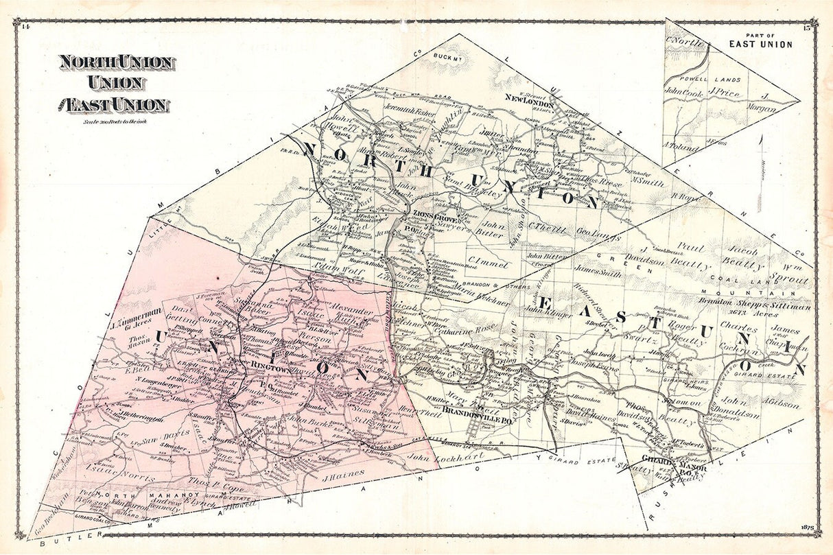 1875 Map of Union North Union and East Union Townships Schuylkill County Pennsylvania