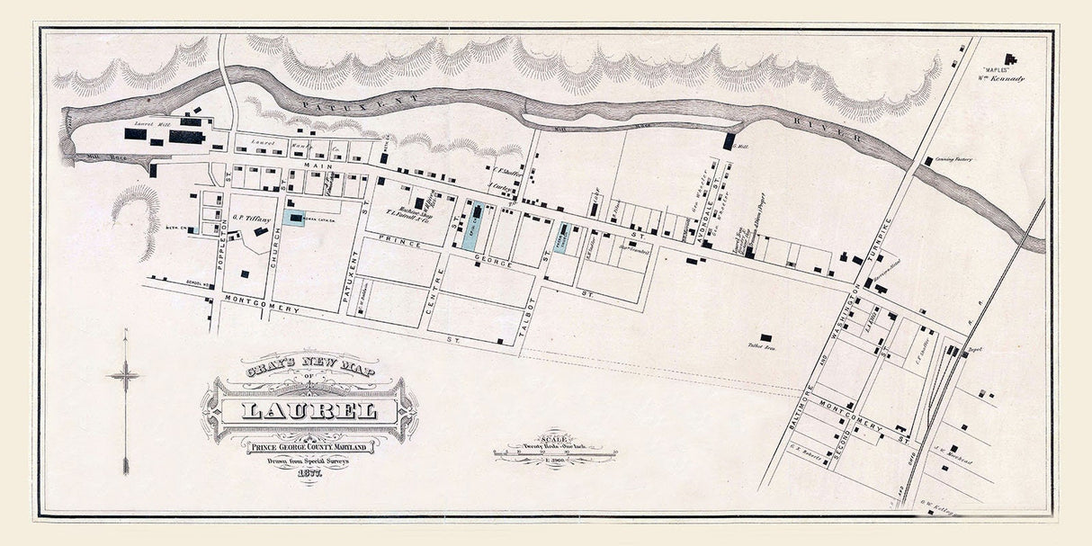 1877 Town Map of Laurel Prince George County Maryland