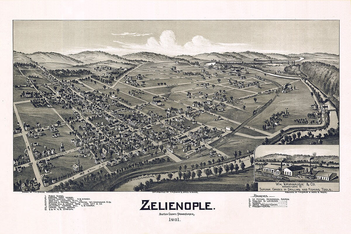 1901 Panoramic Map of Zelienople Butler County Pennsylvania