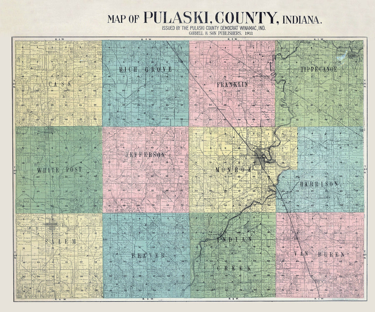 1911 Farm Line Map of Pulaski County Indiana