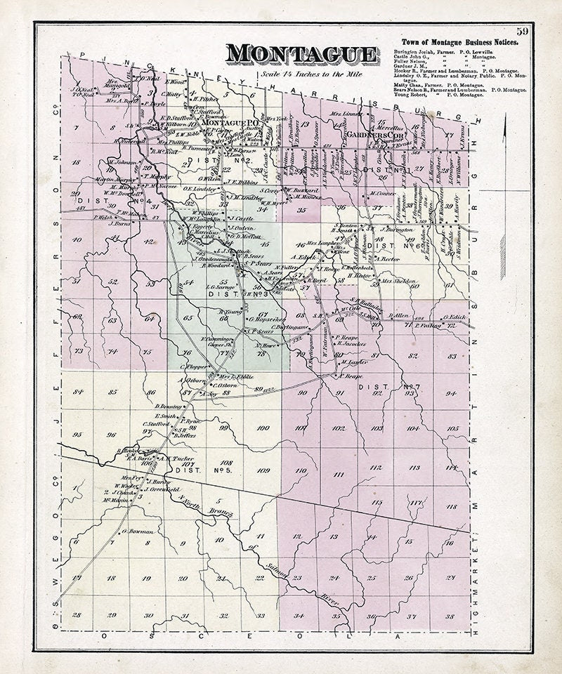 1875 Map of Montague Township Lewis County New York