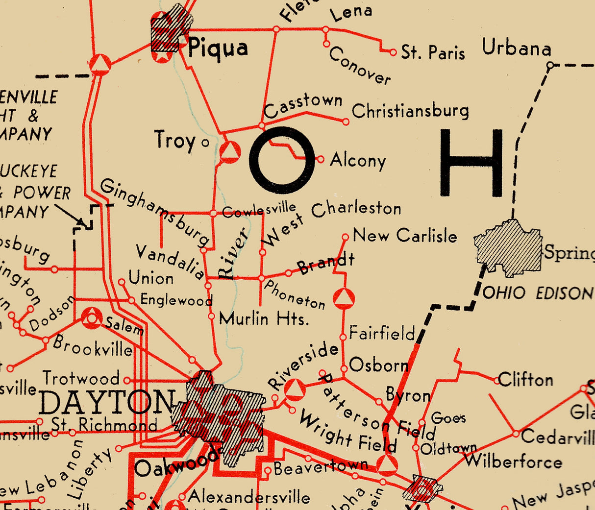 1939 Map of Columbia Gas & Electric Corporation Electric Transmission Lines Stations Ohio
