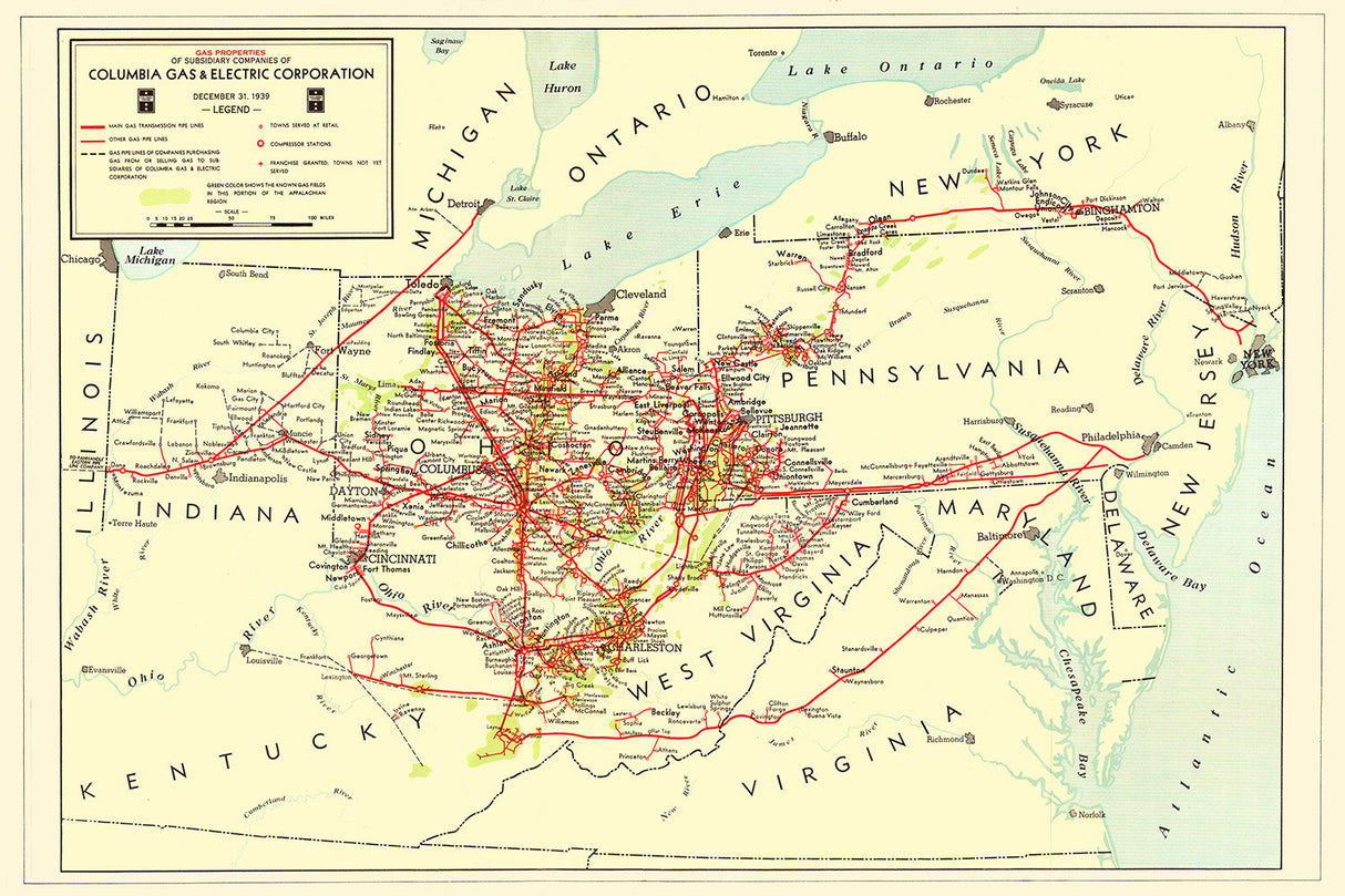 1939 Pipeline Map of Columbia Gas Corporation Pipelines & Compressor Stations PA OH WVA