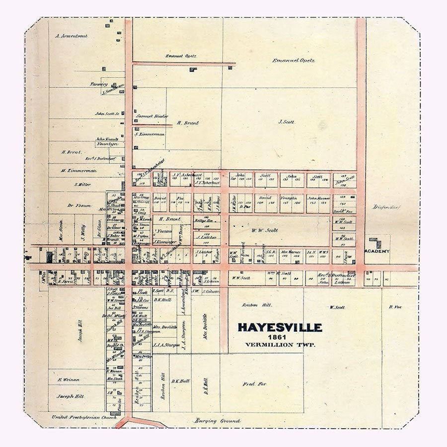 1861 Town Map of Hayesville Ashland County Ohio