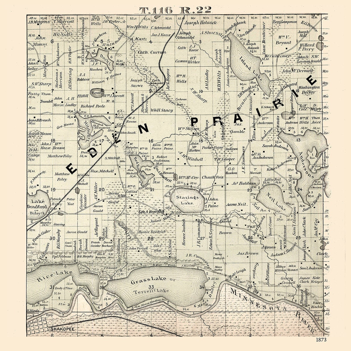 1873 Map of Eden Prairie Township Hennepin County Minnesota