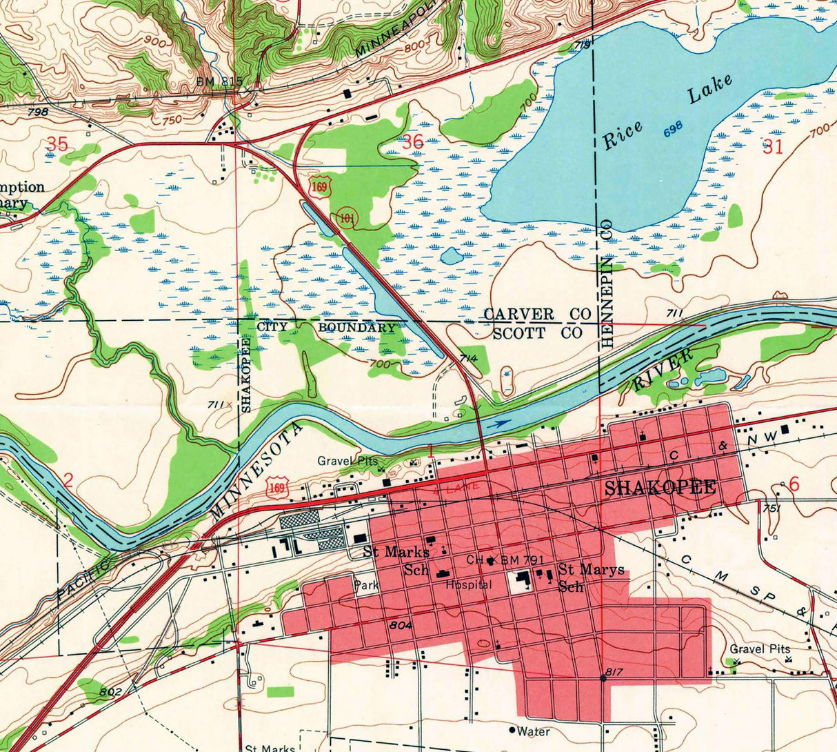 1958 Topo Map of Shakopee Minnesota Quadrangle