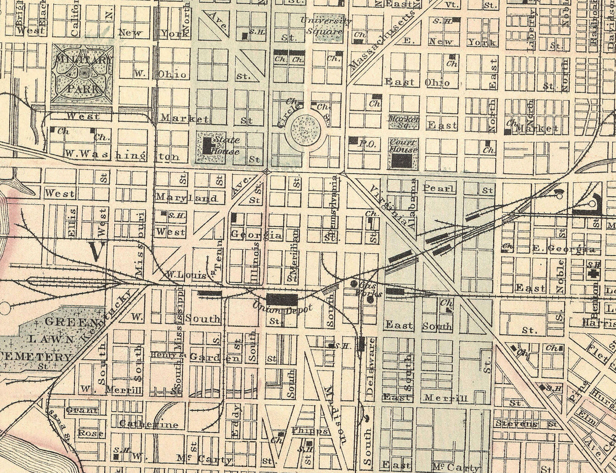 1875 Map of Indianapolis Marion County Indiana