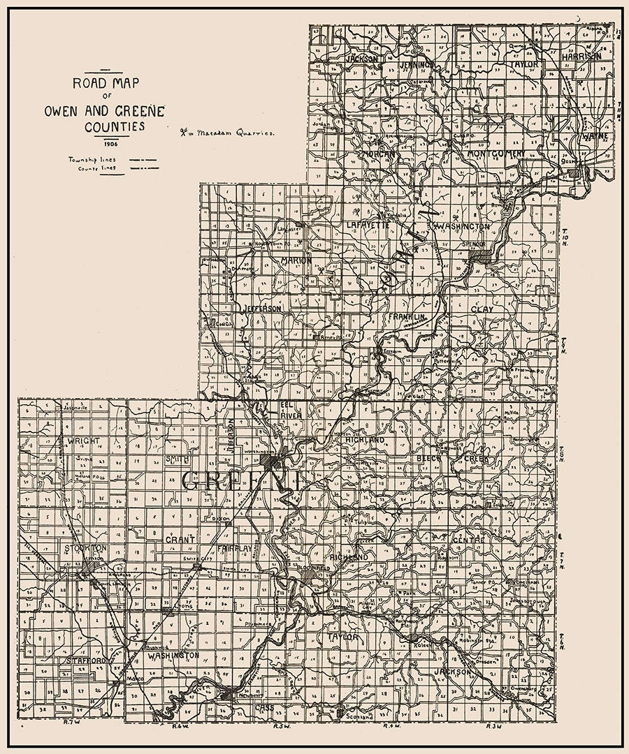 1906 Map of Owen and Greene County Indiana