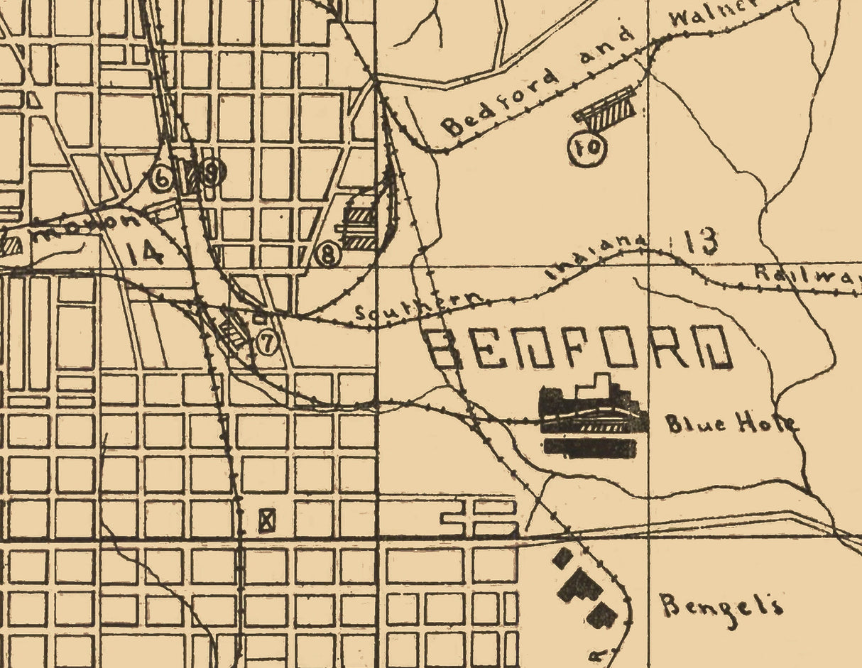1907 Town Map of Bedford Lawrence County Indiana