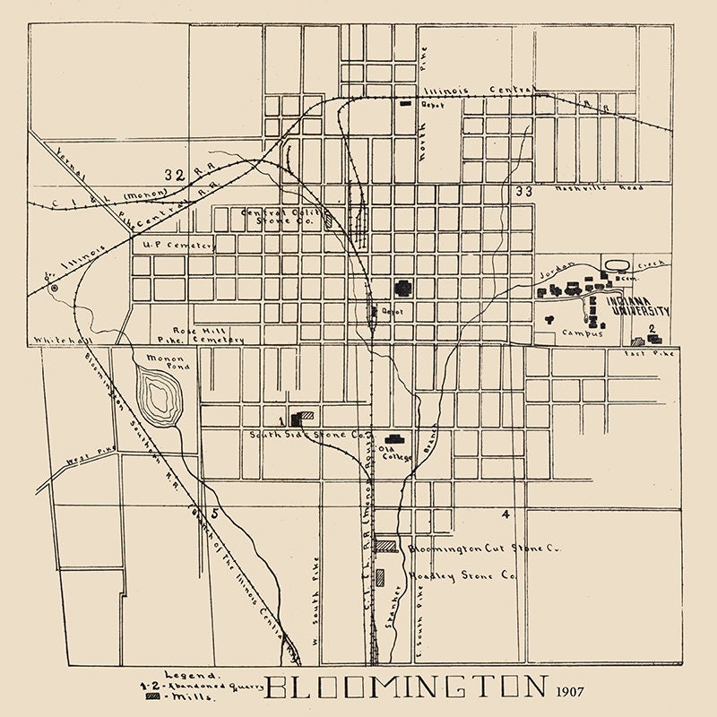 1907 Town Map of Bloomington Monroe County Indiana