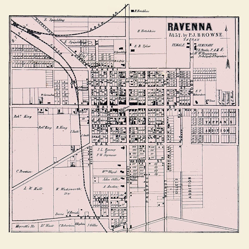 1857 Town Map of Ravenna Portage County Ohio