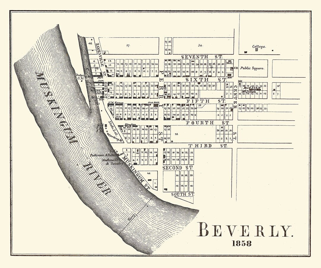 1858 Town Map of Beverly Washington County Ohio