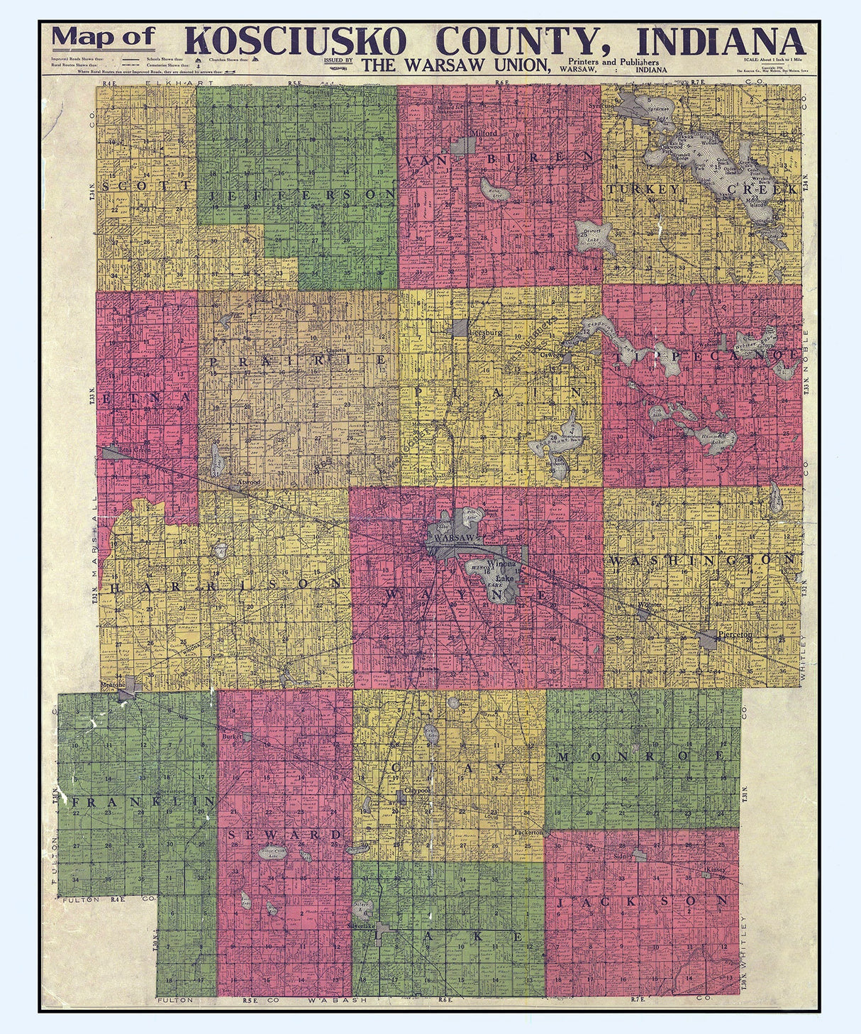 1916 Farm Line Map of Kosciusko County Indiana